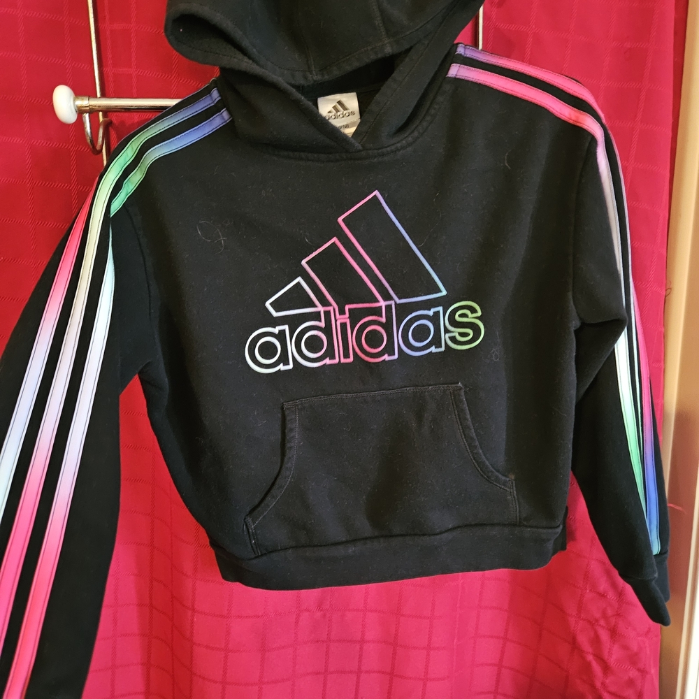 Girls 10/12 Adidas Kids Black Hoodie with Rainbow Stripes